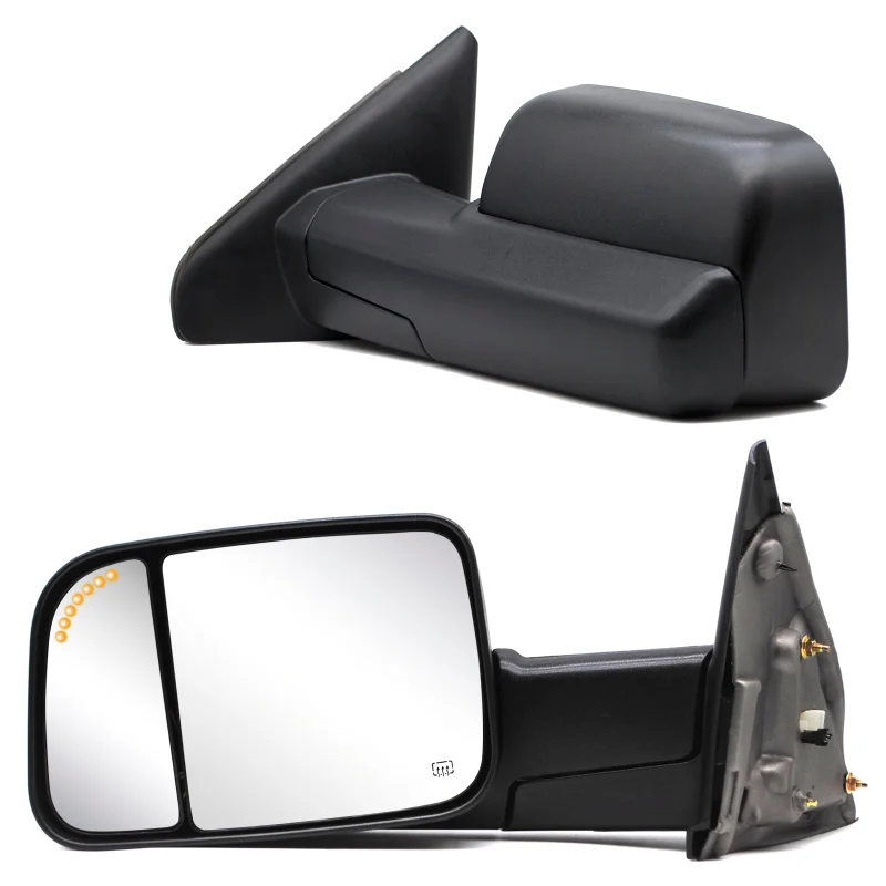 Towing Mirrors for 2002-2008 Dodge Ram 1500, 2003-2009 Dodge Ram 2500/3500 Pickup Truck, Power Heated Arrow Signal on Glass Puddle Lamp Manual Folding Black Housing 9B