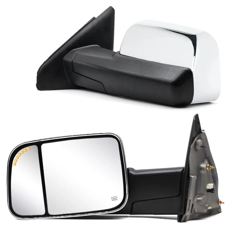 Towing Mirrors for 2002-2008 Dodge Ram 1500, 2003-2009 Dodge Ram 2500/3500 Pickup Truck, Power Heated Puddle Light Arrow Signal on Glass Manual Folding, Chrome Cap 9C